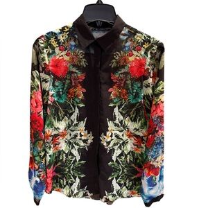 Zara Basic Semi Sheer Blouse - Vibrant Tropical Floral Print Size M